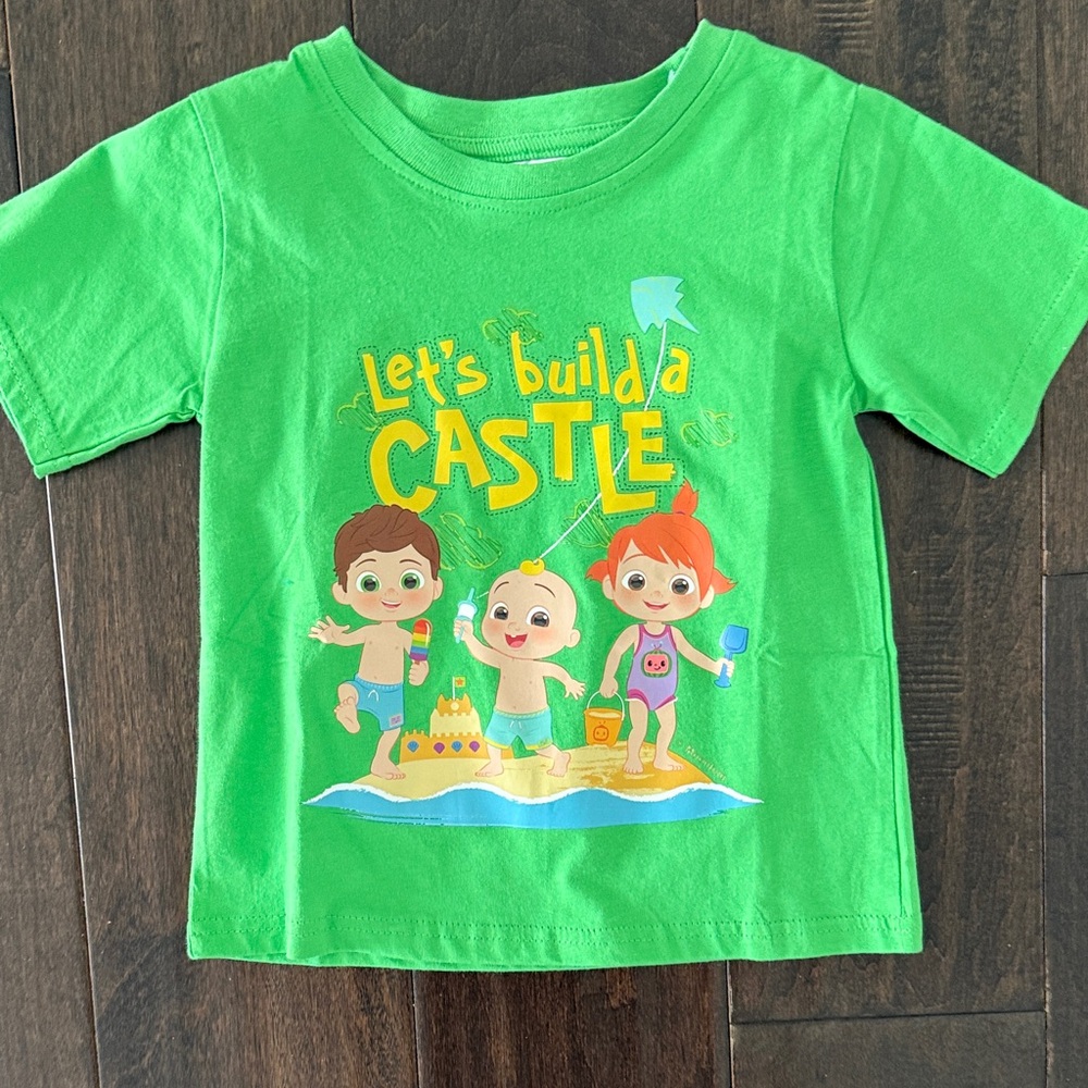 NWT Official Cocomelon Vibrant Green Kids' T-Shirt with Castle Graphic